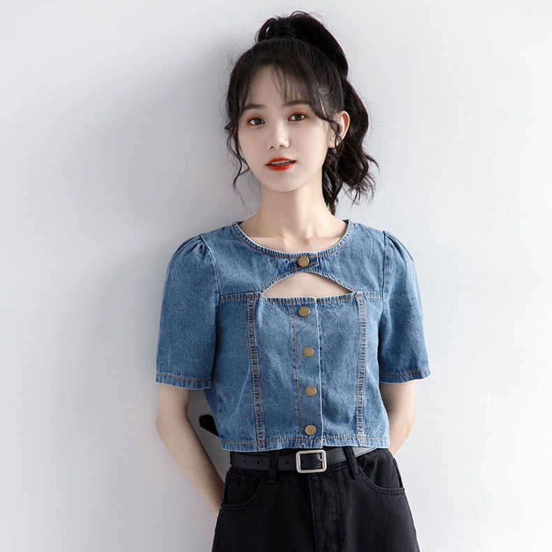 💖เสื้อเชิ้ตยีนส์ เสื้อเชิ้ตยีนส์แขนสั้น สไตล์หวาน แจ็คเก็ตยีนส์ผู้หญิงแขนสั้น - รูปที่ 7