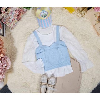 เสื้อ2ชิ้น ไหมพรมสีฟ้าพาสเทล สไตล์เกาหลี