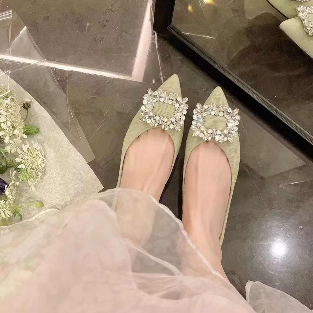 35-43 ฝรั่งเศสบวกขนาดลื่นแบนแบนเบาสบายเวลาทำงานนานไม่เหนื่อยล้า Rhinestone ตัดรองเท้าเดี่ยวสีเขียว/ดำ