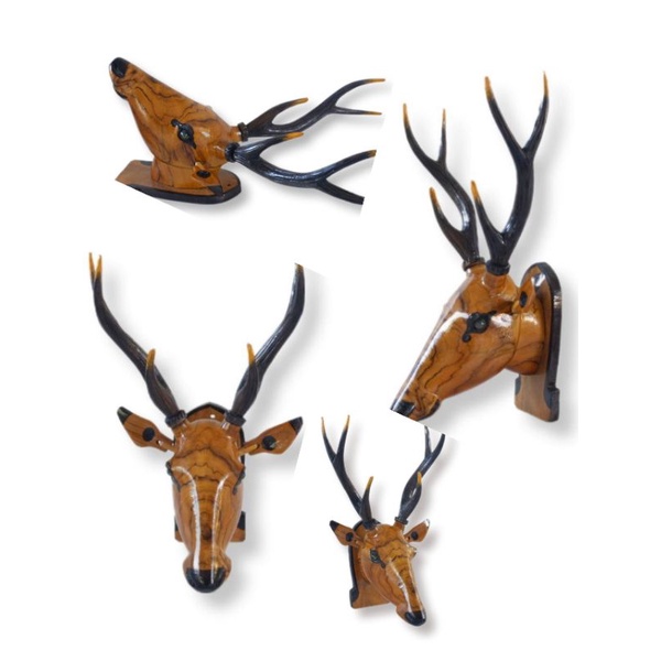 หัวกวางไม้แกะสลัก ไม้สักแท้❗ (หน้ายาว 10 นิ้ว) หัวกวางติดผนัง The wood is carved into the shape of a deer's head.