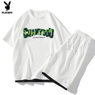 Playboy ชุดเสื้อยืดแขนสั้น กางเกงขาสั้น สไตล์สปอร์ต สําหรับเด็กผู้ชาย