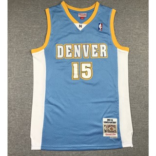 ใหม่ กางเกงนักเก็ต NBA Denver สําหรับผู้ชาย #เสื้อกีฬาบาสเก็ตบอล ปักลาย Carmelo Anthony สีฟ้า สไตล์เรโทร 15 ชิ้น