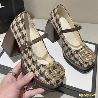 🍔มีสินค้าในสต๊อก#🐮Retro houndstooth ส้นหนารองเท้าส้นสูงหัวผู้หญิงใหม่รองเท้า Mary Jane ที่เข้ากันทั้งหมด