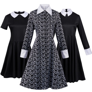 【พร้อมส่ง】Wednesday Addams ชุดเดรสคอสเพลย์ แขนยาว สีดํา สไตล์โกธิค สําหรับเด็กผู้หญิง เหมาะกับปาร์ตี้ฮาโลวีน คริสต์มาส