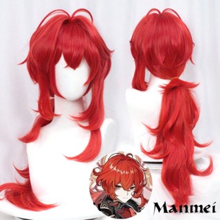 Manmei Genshin Impact Diluc วิกผม Ragnvindr 60 ซม. สีแดงยาวผมสังเคราะห์ทนความร้อนวิกผมอะนิเมะคอสเพลย์วิกผม