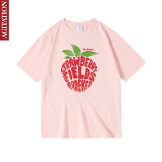 ✒เสื้อยืดแขนสั้นผ้าฝ้ายแขนสั้นสำหรับผู้หญิงและผู้ชายฤดูร้อน betales Beatles strawberry land วงดนตรีร็อคอังกฤษรอบการพิมพ์