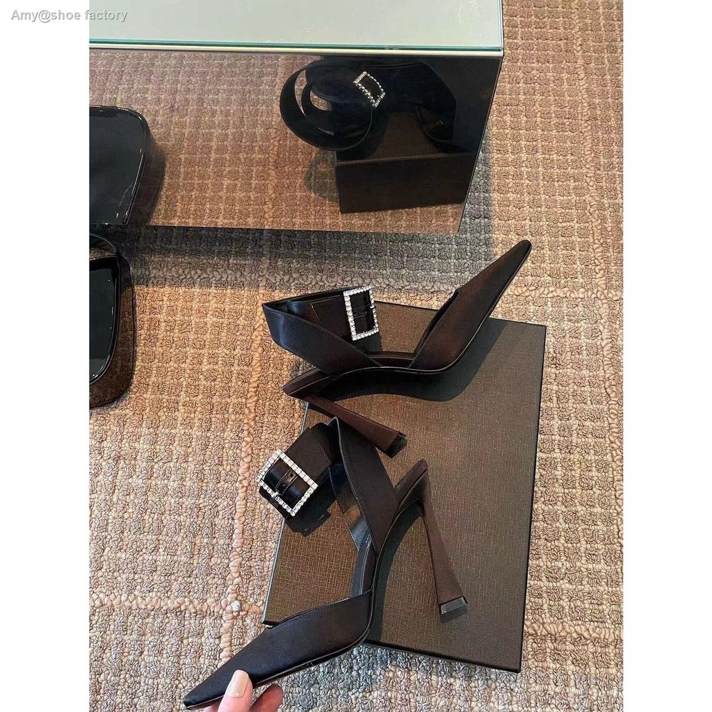 พร้อมส่ง 🍑34-42 เครื่องปั๊มสีดำสไตล์ฝรั่งเศส, ผ้าซาติน, สีพื้น, ส้นสูงพิเศษ, หัวแหลม, สายคาด, คัทเอาท์, สง่างาม, ปาร์ตี - รูปที่ 7