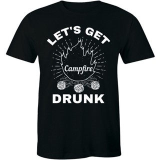 เสื้อเชิ้ตแขนสั้น ไม่ต้องรีด เสื้อยืด ผ้าฝ้าย ลาย LetS Get Campfire Drunk สไตล์เรโทร สําหรับผู้ชาย ตั้งแคมป์