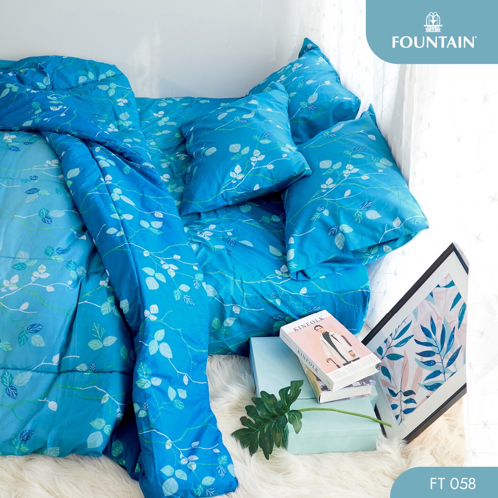 Fountain FT058 รุ่น Printed พิมพ์ลายใบไม้โทนฟ้าและน้ำเงินให้สัมผัสนุ่มสบายด้วยชุดเครื่องนอนฟาวน์เทนผ้าปูที่นอน ผ้าห่มนวม