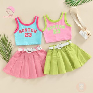 ✟✌**Summer Outfits, Letter Print Sleeveless Tank Tops + Solid Color Pleated Skirts + Waist Belt Set**