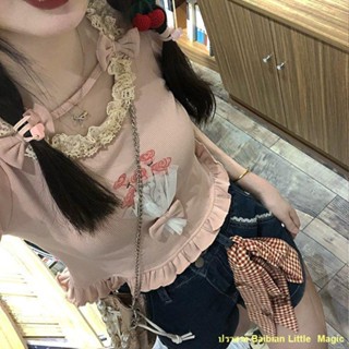 พร้อมส่ง💖Retro Tulip Bouquet Puff Sleeves Short Bow Short Sleeve T-Shirt Girls Tops