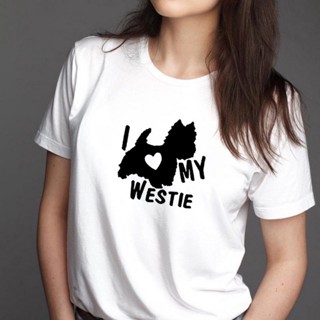 เสื้อยืดผ้าฝ้ายพิมพ์ลาย เสื้อยืดครอปเสื้อยืดแขนสั้น พิมพ์ลาย I LOVE MY WESTIE แฟชั่นฤดูร้อน สําหรับผู้หญิงS-5XL