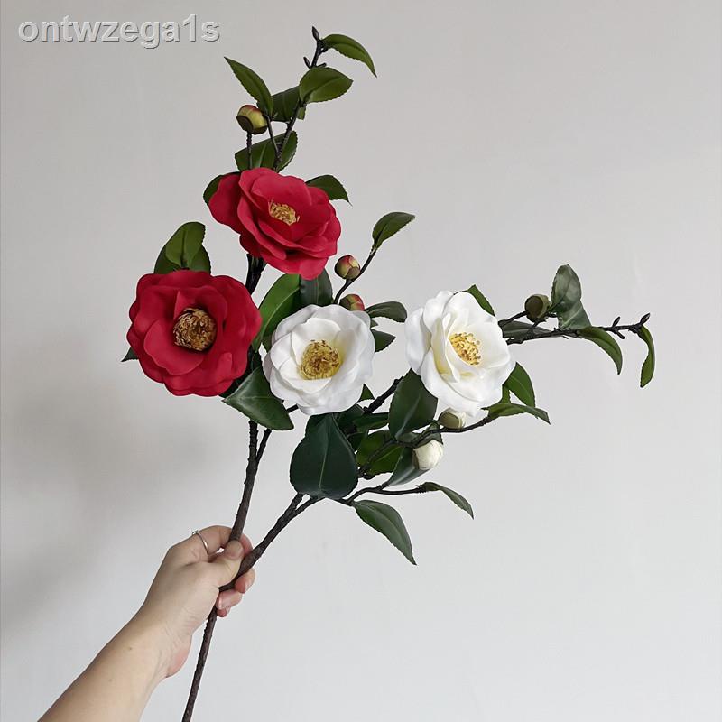 ดอกไม้จำลอง Alpine camellia สาขาดอกไม้จำลองคุณภาพสูงดอกไม้ปลอมตกแต่งสีแดงตกแต่งบ้านห้องรับประทานอาหารห้องนั่งเล่นงานแต่ง
