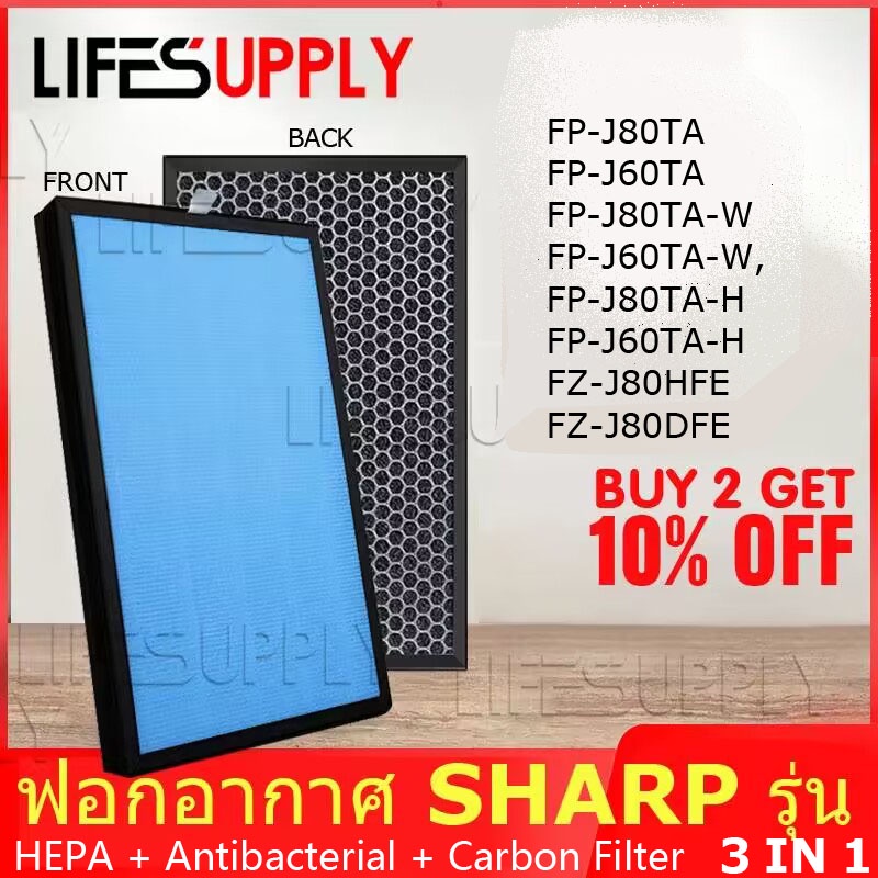 Lifesupplycn แผ่นกรองอากาศ HEPA แบบเปลี่ยน สําหรับเครื่องฟอกอากาศ SHARP FZ-J80HFE FP-J60TA-W FP-J60T