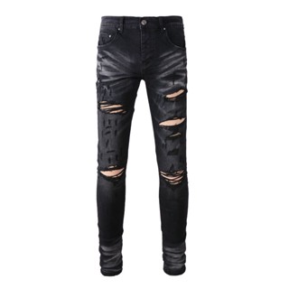 TRENDAMIRI New Men Jeans Black Grey Slim Fit and Hole # High Street Denim