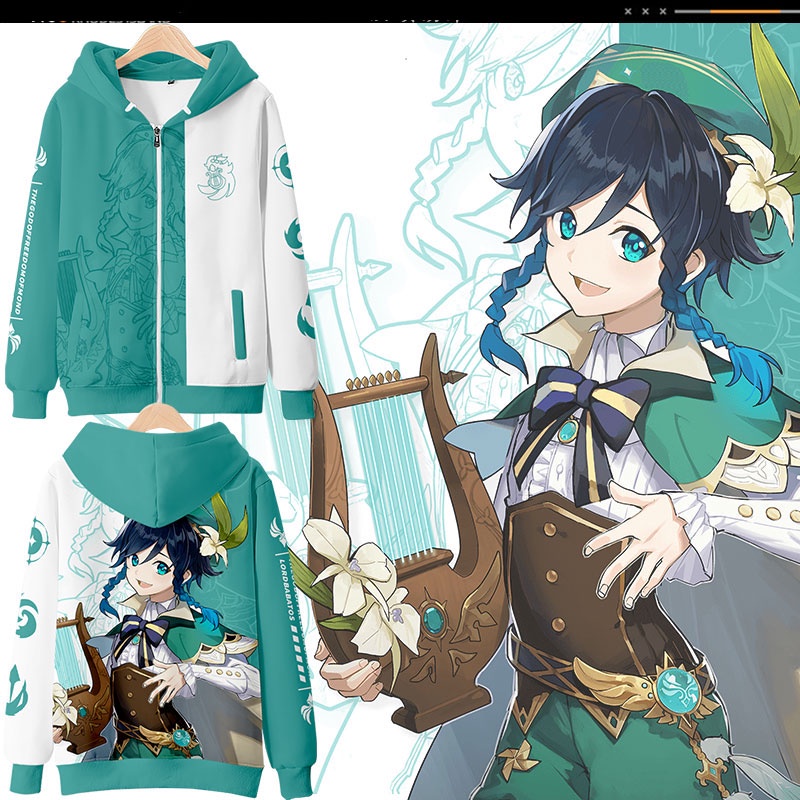เสื้อกันหนาวลําลอง มีฮู้ด พิมพ์ลายอนิเมะ Game Genshin Impact Venti 3 มิติ สไตล์ฮาราจูกุ สําหรับผู้ชาย และผู้หญิง