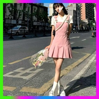 กระโปรงสายจีบพลัสไซส์สีชมพูฤดูร้อนใหม่ preppy girly