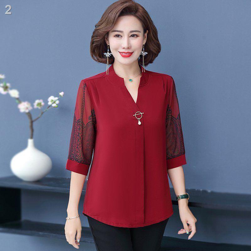 เสื้อผู้หญิง✗แม่วัยกลางคนชุดฤดูร้อนผ้าชีฟองสไตล์ตะวันตก 40 ปี 50 วัยกลางคนและผู้สูงอายุแขนสั้นเสื้อย