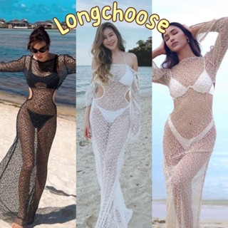 Beach mesh dress เดรสยาว เดรสตาข่าย ลูกไม้ ซีทรู ดีเทลแขนยาว เว้าช่วงเอว เดรสใส่ไปทะเล ป้าย phatcha