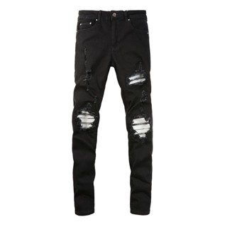 AMIRI New street fashion men jeans Slim fit with holes white patch designer style # high street jeans