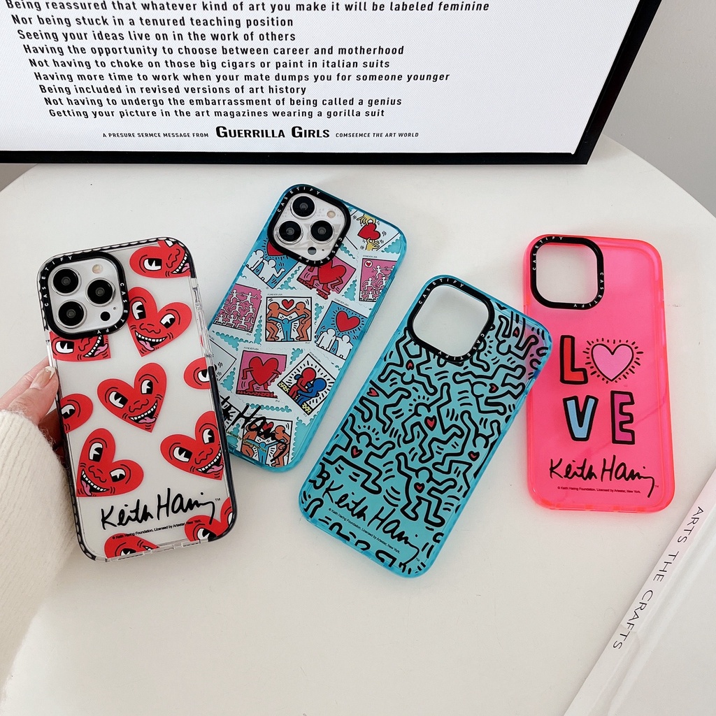 Keith Haring กราฟฟิตี รักหัวใจ Casetify เคส iPhone For 14 13 Pro Max 12 11 Pro Max Case ใหม่ TPU ขอบสี เรียบง่าย โปร่งใส ป้องกันการหล่น ซิลิกาเจล นุ่ม เคสไอโฟน