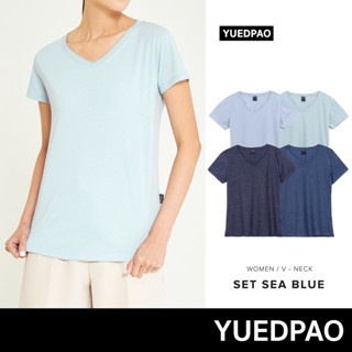 Yuedpao No.1 เสื้อยืดผู้หญิง ไม่ย้วย ไม่หด ไม่ต้องรีด ผ้านุ่มใส่สบาย Ultrasoft Non-Iron เสื้อยืดคอวีผู้หญิง Set Sea Blue