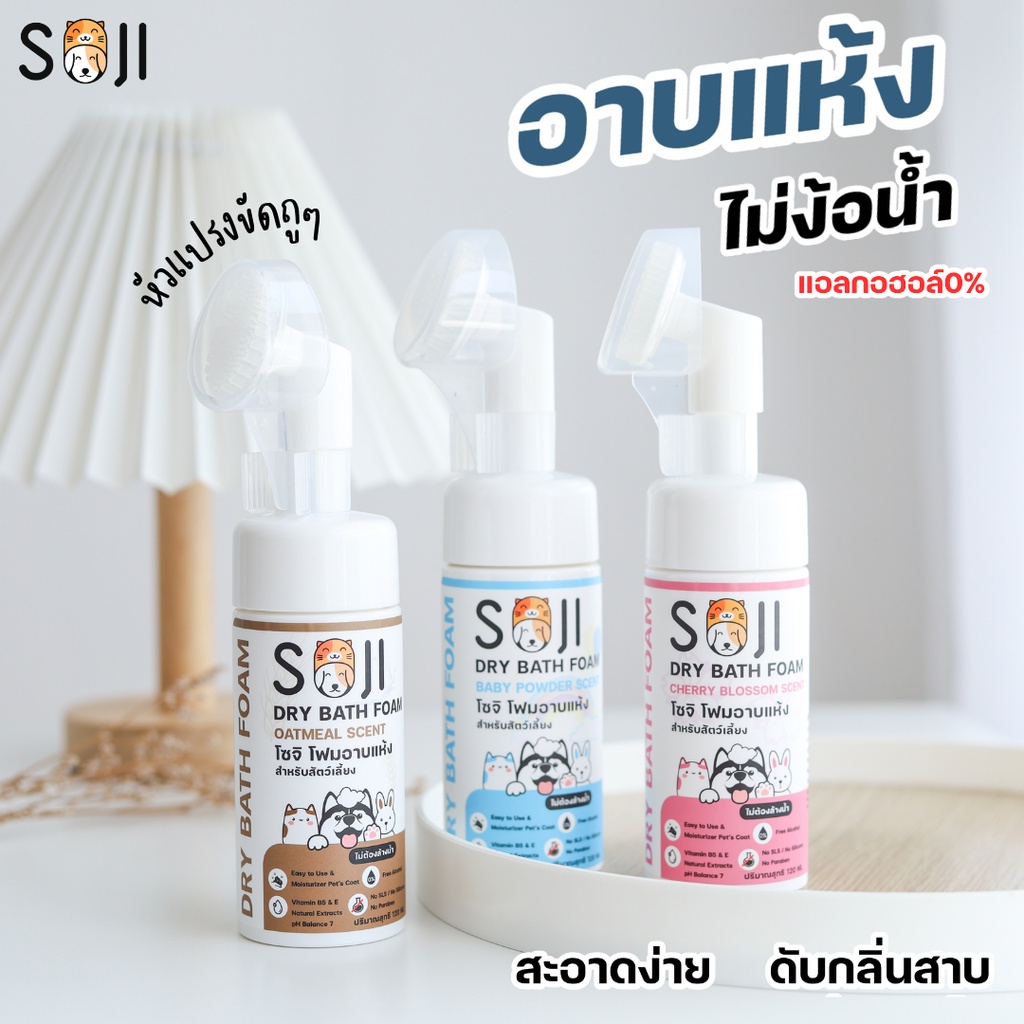 SOJI โฟมอาบน้ำแห้ง รุ่นหัวแปรง แชมพูอาบแห้ง แมว กระต่าย สุนัข พรีเมี่ยมสารสกัดบำรุง Dry shampoo 120ml