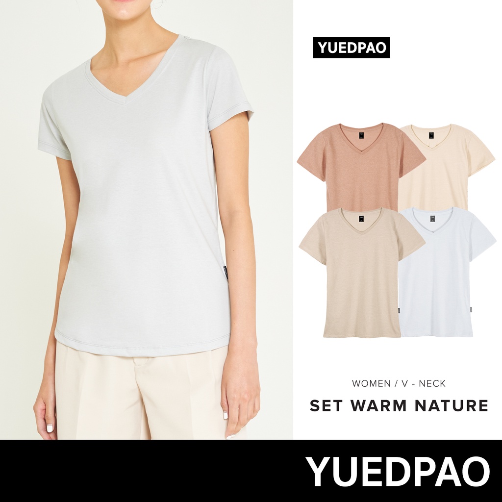 Yuedpao No.1 เสื้อยืดผู้หญิง ไม่ย้วย ไม่หด ไม่ต้องรีด ผ้านุ่มใส่สบาย Ultrasoft Non-Iron เสื้อยืดคอวีผู้หญิง Warm Nature
