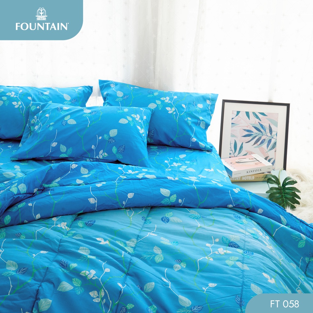 Fountain FT058 รุ่น Printed พิมพ์ลายใบไม้โทนฟ้าและน้ำเงินให้สัมผัสนุ่มสบายด้วยชุดเครื่องนอนฟาวน์เทนผ้าปูที่นอน ผ้าห่มนวม