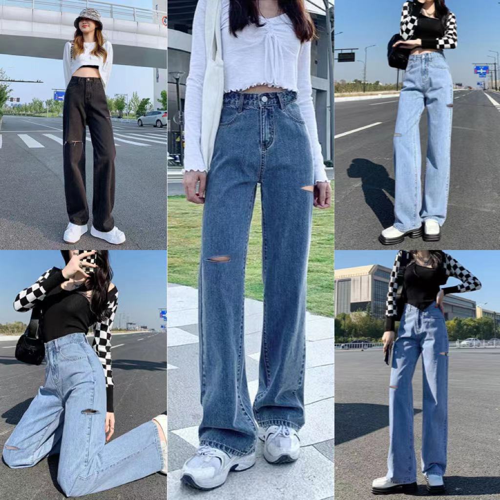 มีไซส์ S-2XL กางเกงยีนส์ เอวสูง ขาบานแบบขาดๆ สไตล์เกาหลี กางเกงยีนส์ขายาว สวยๆเก๋ๆ#588