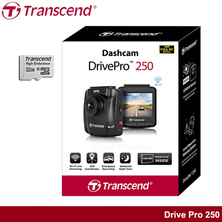 ❧☃℗Transcend DrivePro 250 (DP250) Wi-Fi + GPS แถมฟรี! Memory MicroSD Card 32GB HighEndurance ภาพชัดกลางวัน - กลางคืน กล้
