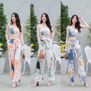 Set 2 ชิ้น เสื้อครอปสายเดี่ยวลายมาเบิ้ล เอวจั้มตัดต่อมีสม๊อคที่เอว + กางเกงขายาวผูกโบว์เอว ชุดเซต ชุดเซ็ท