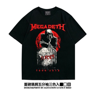 ☜◆┇เสื้อยืด American Ami khaki oversize cotton megadeth metal band heavy shoulder drop five-point sleeve T-shirt men