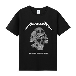 ☊☽☼Ins ยุโรปและอเมริกาแถบโลหะ metallica skull หลวมอเมริกันพิมพ์ผ้าฝ้ายแขนสั้นผู้ชายและผู้หญิงเสื้อยืดฤดูร้อน