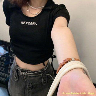 พร้อมส่ง #🔥เสื้อยืดแขนสั้นลายปักสไตล์อเมริกันเรโทรหญิงสาวร้อนเชือกรูดสั้นด้านบนสาวร้อนหวานร้อน