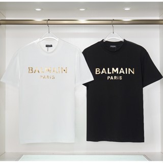 ใหม่ เสื้อยืดคอกลม แขนสั้น ผ้าฝ้าย พิมพ์ลายตัวอักษร BAL-MAIN สีทอง สไตล์วินเทจ สําหรับทุกเพศ