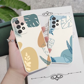 เคสโทรศัพท์มือถือ ซิลิโคน ลายใบไม้ มีลายด้านข้าง สีพื้น สําหรับ Samsung Galaxy A54 A34 A24 A14 A04 A04S A04E 4G 5G