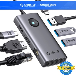 Orico อะแดปเตอร์ฮับ Type C 6 in 1 USB C HUB พร้อม 4K30Hz HDMI USB 3.0 RJ45 PD100W สําหรับ Macbook Pro Air แล็ปท็อป (PW11)