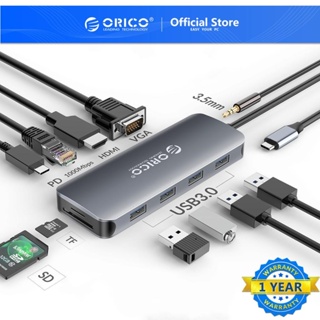 ORICO USB C HUB เป็น USB3.0 HDMI VGA 100W PD RJ45 เครื่องอ่านการ์ดอะแดปเตอร์เสียง Dock สำหรับอุปกรณ์เสริม Laptop Type C 3.1 Splitter (MC-U111P)