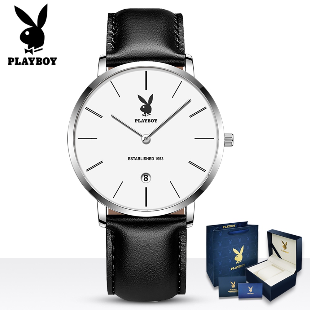 Playboy 2601 นาฬิกาข้อมือควอตซ์แฟชั่น พร้อมกล่องของขวัญ และปฏิทินเรืองแสง กันน้ํา อเนกประสงค์ สําหรับผู้ชาย