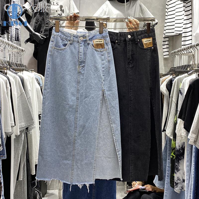 S-5XL กระโปรงยีนส์สาวอวบ Net red plus size fat mm side slit denim skirt 2021 new small mid-length