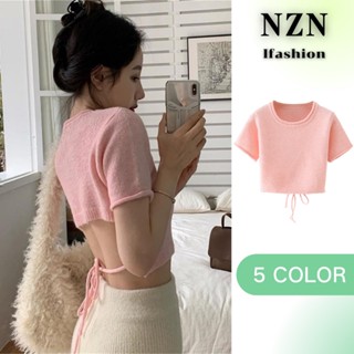 NZN ❥✽สินค้าเฉพาะจุด ❥เสื้อครอปท็อปแขนสั้น ผ้าถัก เปิดหลังเซ็กซี่ เอวสูง สไตล์เกาหลี