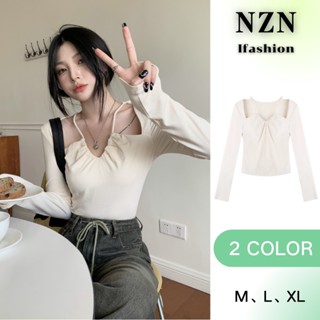 NZN เสื้อยืด คอวี แขนยาว สีพื้น แฟชั่นสไตล์เกาหลี สําหรับผู้หญิง