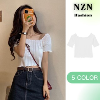 NZN เสื้อยืดแขนสั้น คอสี่เหลี่ยม ผ้าถัก แบบบาง