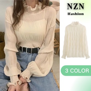 NZN เสื้อชีฟอง แขนยาว สีพื้น แฟชั่นสไตล์เกาหลี สําหรับผู้หญิง/เสื้อเชิ้ต ผ้าชีฟอง คอสูง แบบครึ่งหนึ่ง