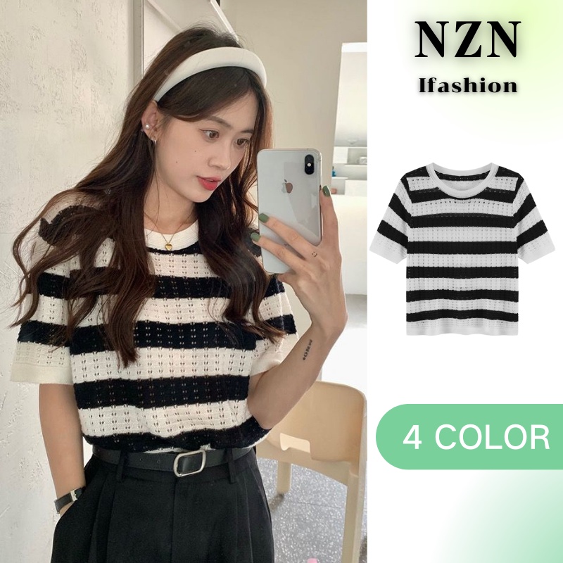 NZN แฟชั่นเกาหลีลายสก๊อตคอกลมแขนสั้นถักด้านบนเสื้อยืดผู้หญิง