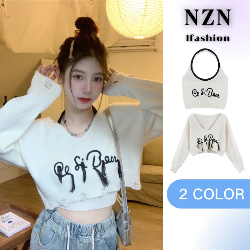 NZN เสื้อยืดแขนยาวปักลายแฟชั่นสตรี + เสื้อกันหนาวแขนสั้น