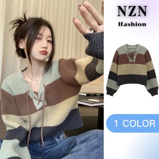 NZN ใหม่ เสื้อครอป ท็อป คอวี ผ้าถัก ลูกไม้ สีตัดกัน สําหรับฤดูใบไม้ร่วง / ฤดูหนาว