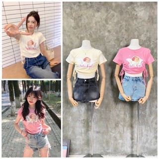 ‘พร้อมส่ง’ siwashop #3571 เสื้อยืดแขนสั้น คอกลม รูดข้างผูกโบว์ ทั้ง2ข้าง สกรีนลายนางฟ้าคิวปิด ผ้านิ่มมากค่า