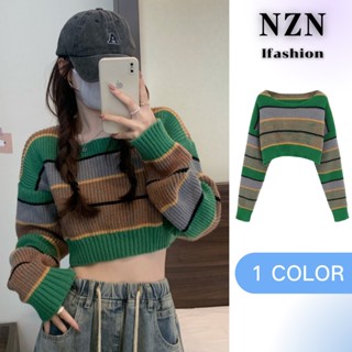 NZN เสื้อกันหนาวผู้หญิง สไตล์ขี้เกียจ จับคู่สี เสื้อกันหนาวลายทางสั้น